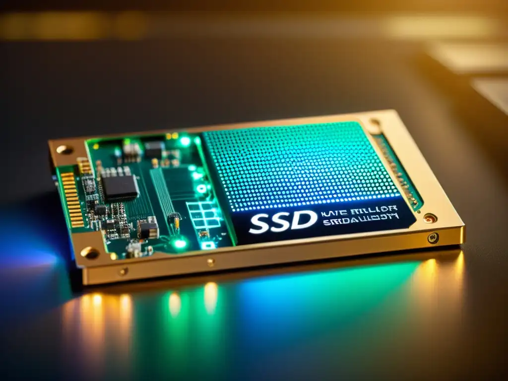 SSD de última generación: velocidad y tecnología avanzada Unidad SSD de alta tecnología con luces LED vibrantes, resaltando la velocidad de lectura SSD hosting en una imagen de ultrarresolución