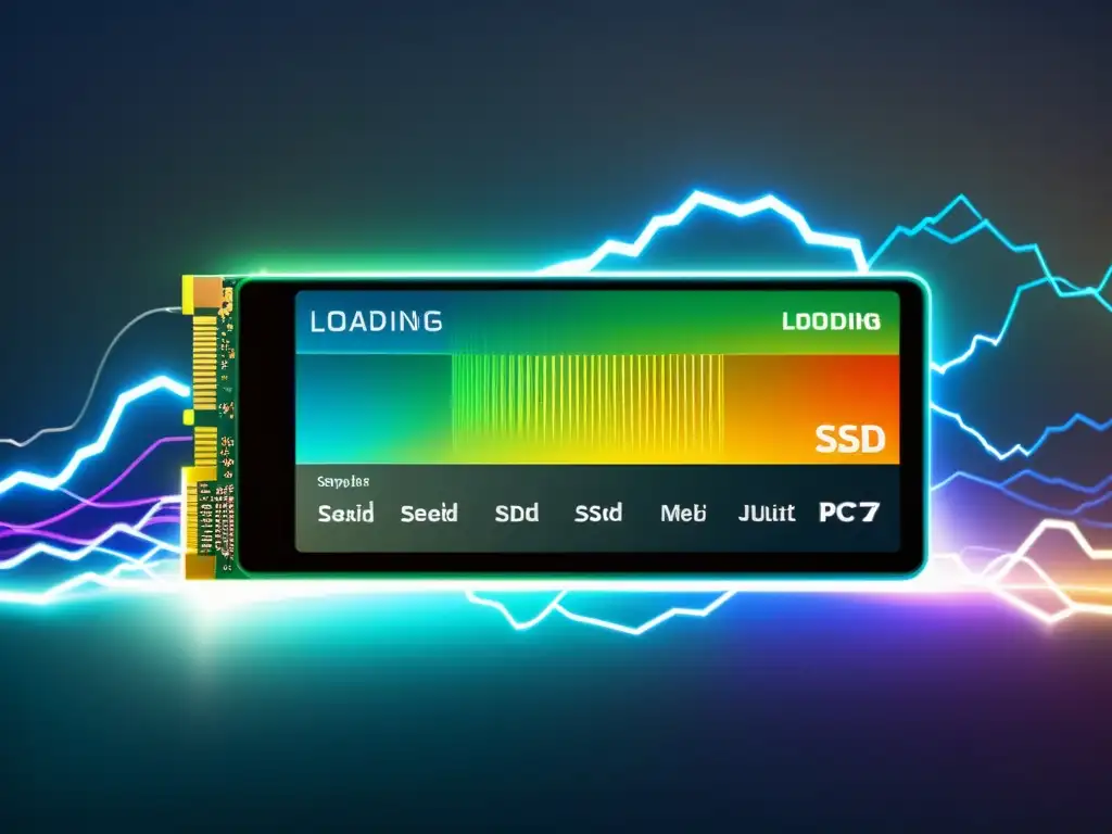 Velocidad ultrarrápida del sitio web con SSD Ventajas del alojamiento web SSD: Imagen de un sitio web moderno que carga a gran velocidad, con detalles de los componentes SSD y una experiencia de usuario eficiente y dinámica