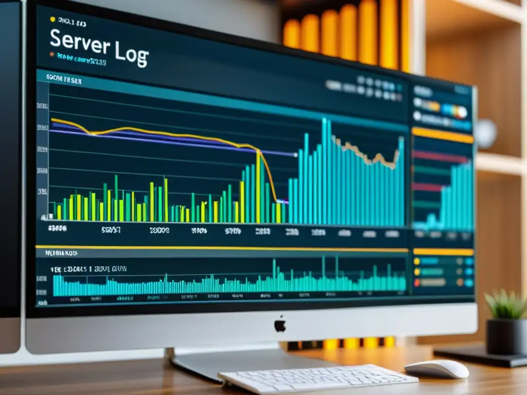 Análisis de datos de servidor: visualizaciones y gráficos detallados Vibrante análisis de logs del servidor para SEO en pantalla de computadora, rodeada de un espacio de trabajo moderno y minimalista