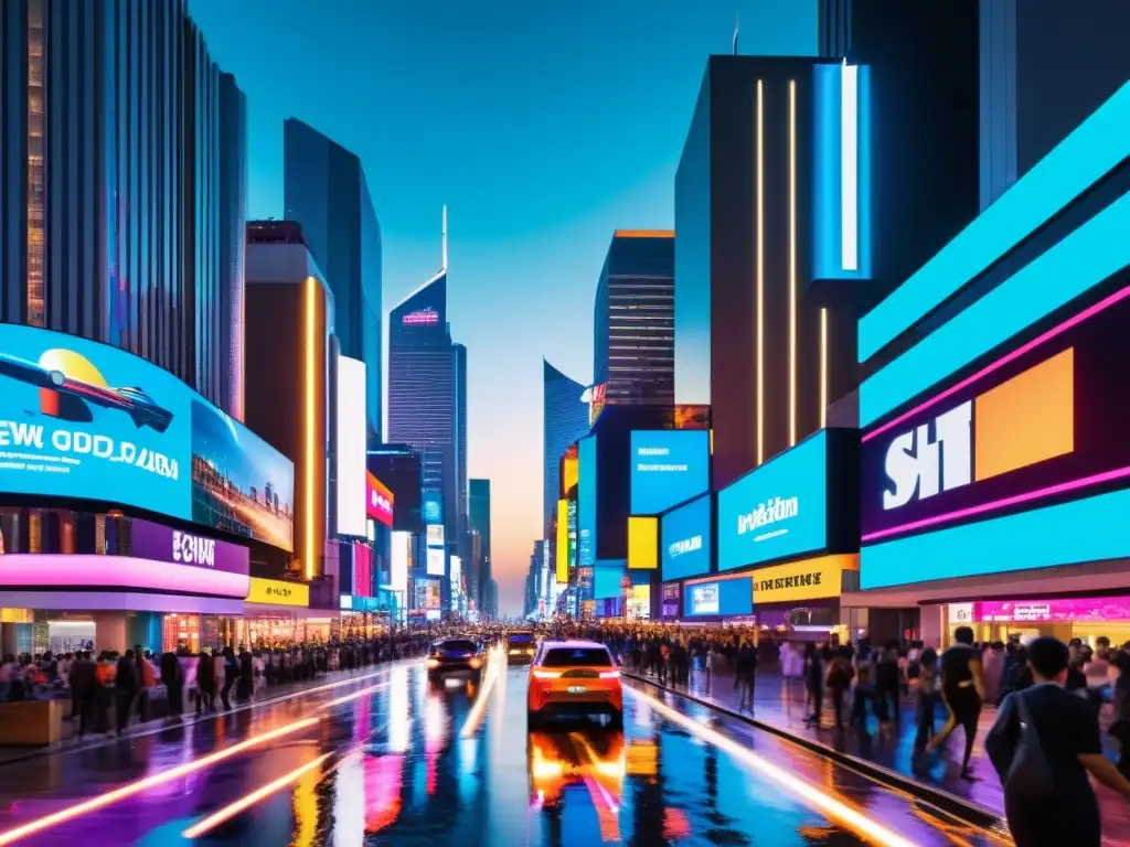 Noche urbana llena de luces de neón y actividad vibrante Vibrante calle nocturna en la ciudad con luces de neón, reflejos en el pavimento húmedo y actividad dinámica