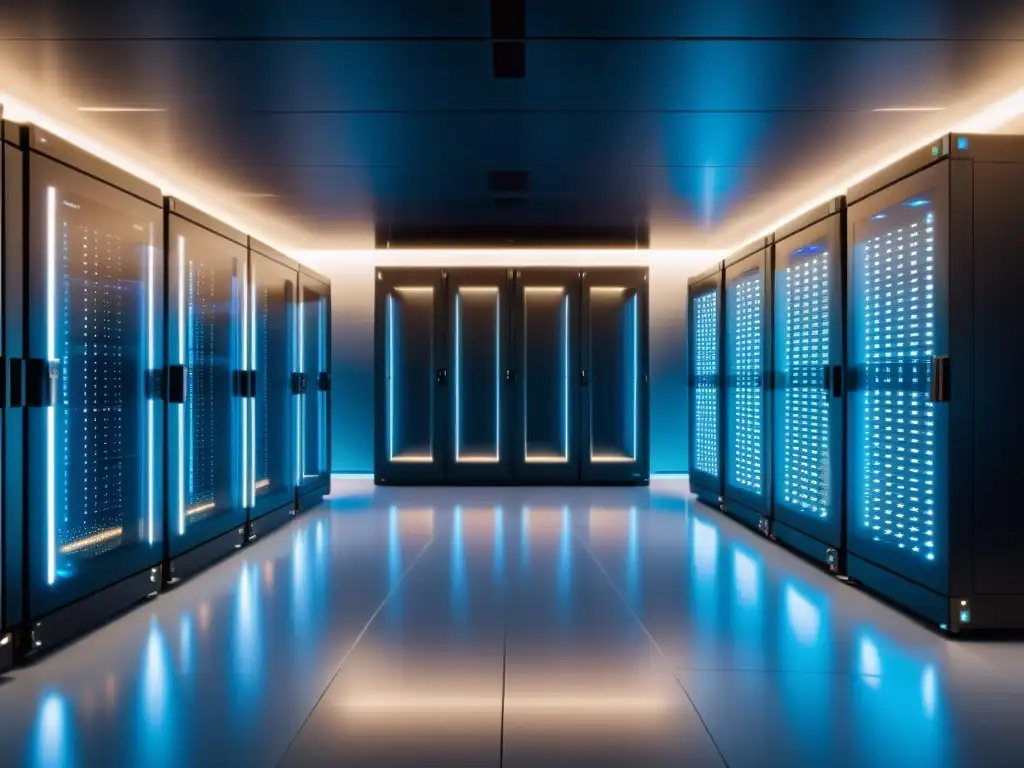 Centro de datos futurista con servidores en contenedores transparentes Una visión futurista de un centro de datos con servidores iluminados en contenedores transparentes
