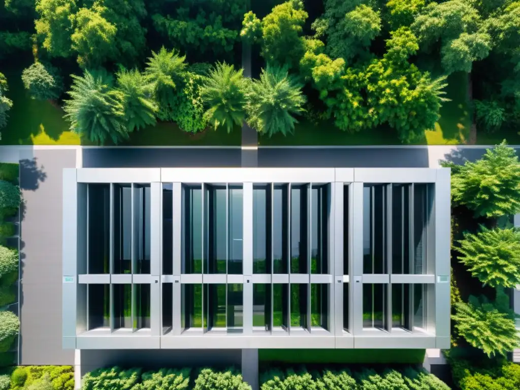 Centro de datos futurista y profesional rodeado de naturaleza Vista aérea de un centro de datos ultramoderno rodeado de naturaleza, con servidores parpadeantes
