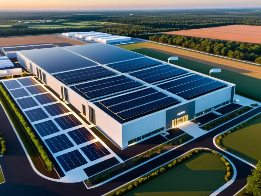 Centro de datos ecoeficiente al anochecer Vista aérea de un centro de datos a la caída del sol, con arquitectura moderna iluminada por luces LED y rodeado de paneles solares y aerogeneradores