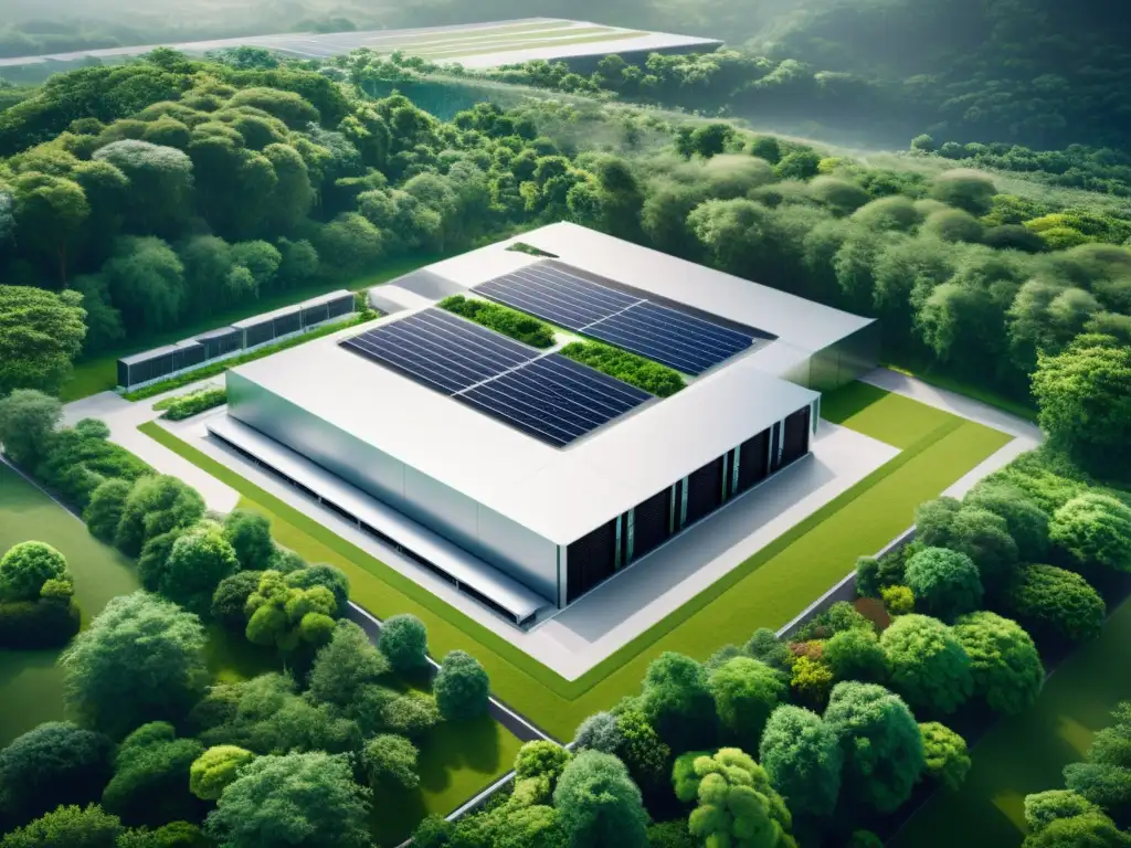 Centro de datos futurista integrado en la naturaleza Vista aérea impactante de un centro de datos de vanguardia rodeado de exuberante vegetación