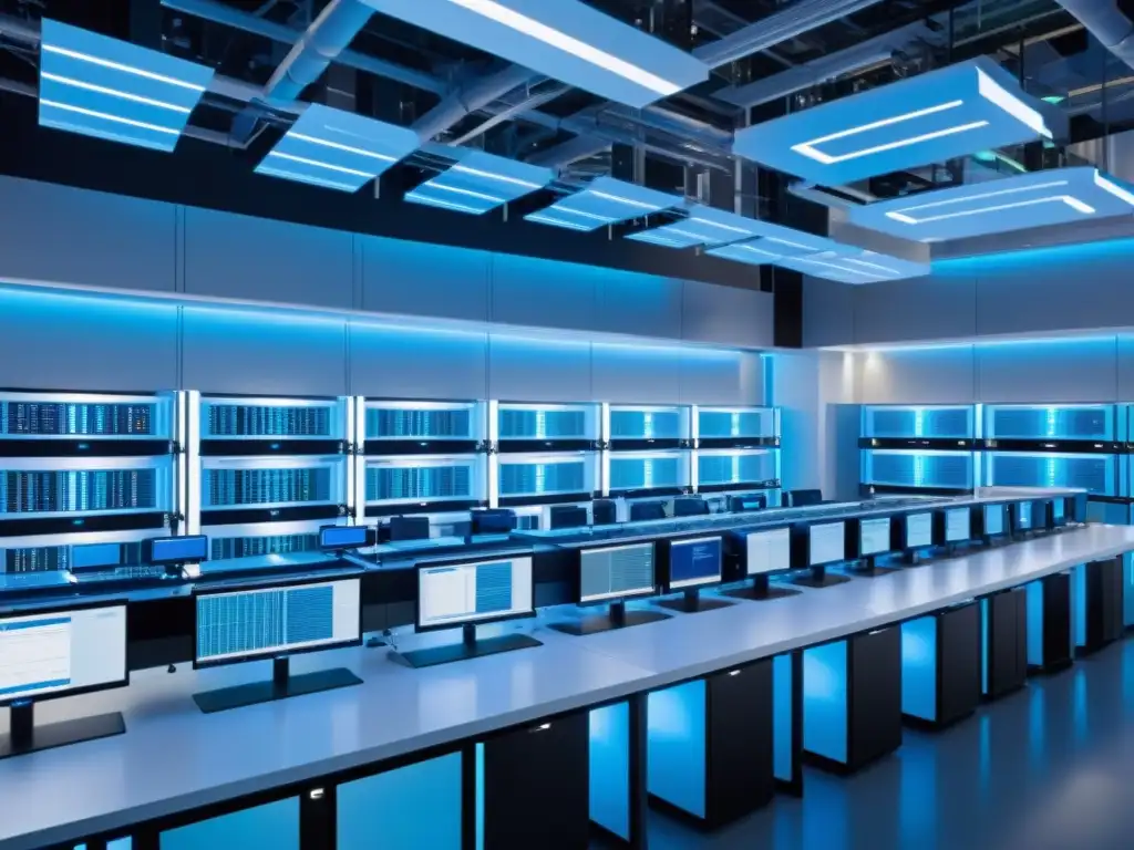 Centro de Operaciones de Red Futurista en la Ciudad Vista aérea impresionante de un centro de operaciones de red con servidores futuristas y una red de fibra óptica, integrados en la ciudad
