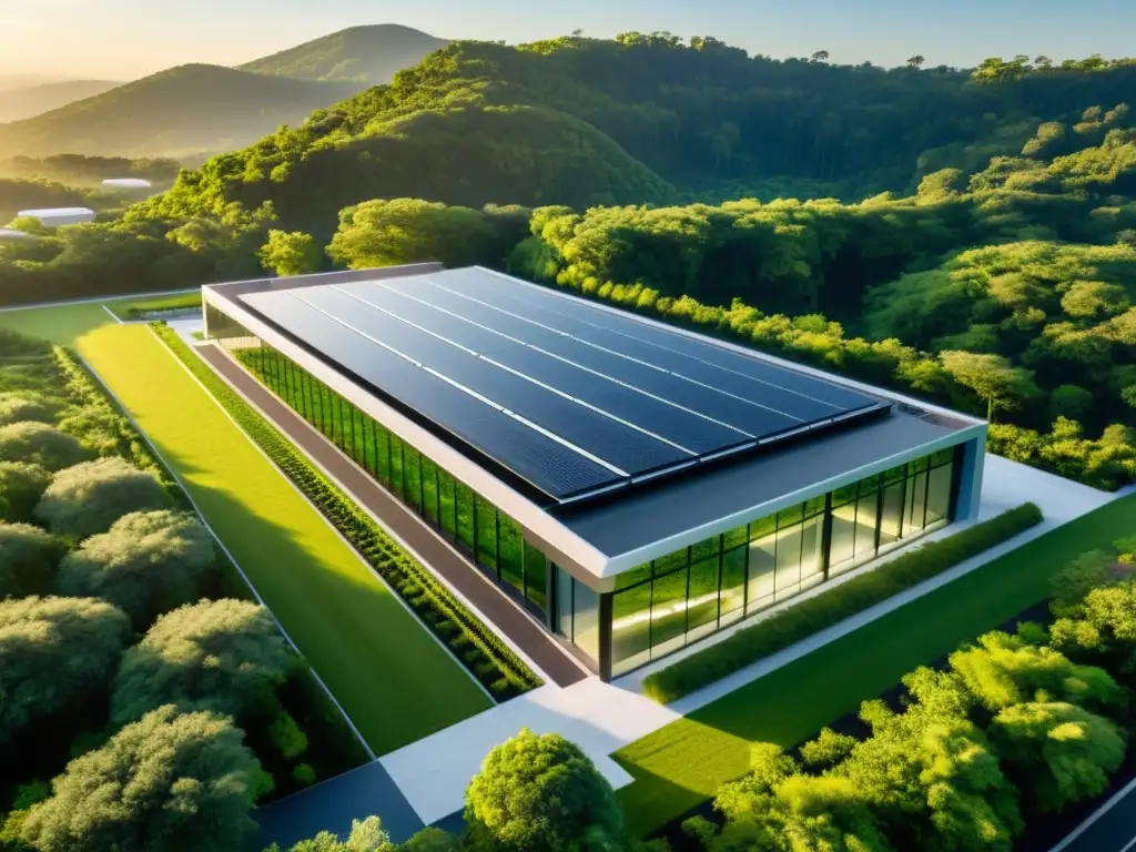 Centro de datos moderno en perfecta armonía con la naturaleza Vista aérea de un moderno centro de datos entre la exuberante vegetación, irradiando eficiencia y armonía