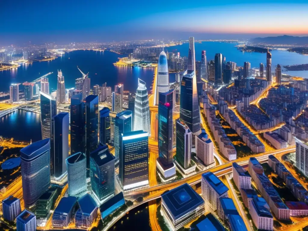 Vista aérea nocturna de una ciudad brillante, resaltando la importancia de la CDN en el SEO