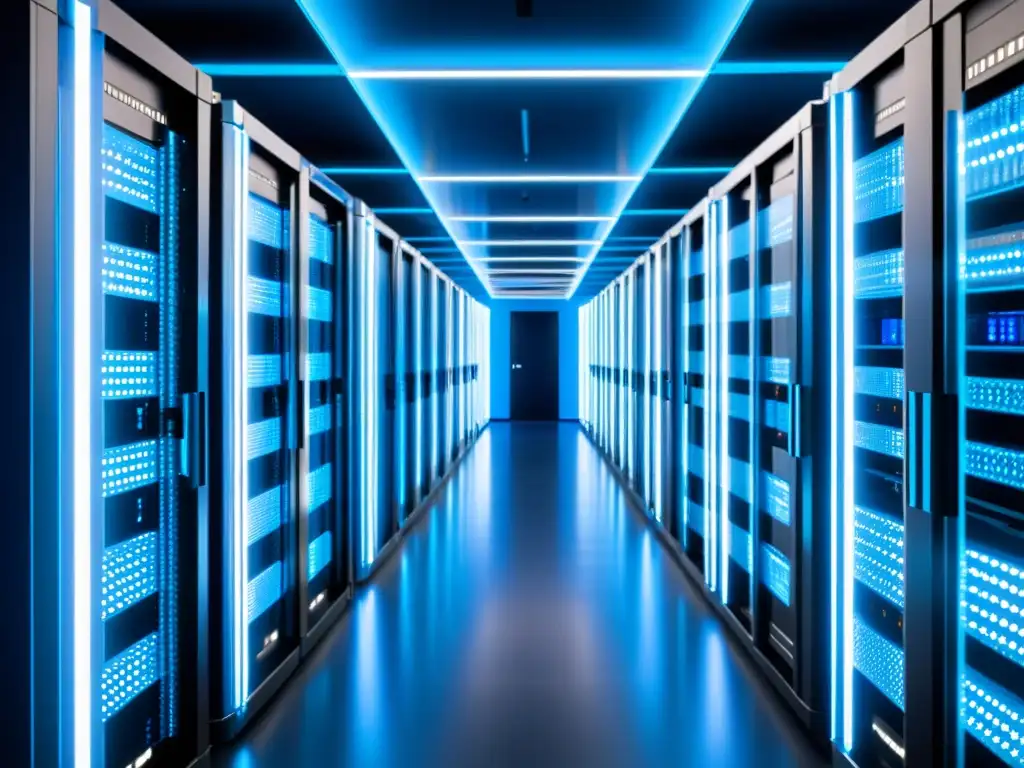 Centro de Datos Futurista con Servidores de Alta Velocidad Vista aérea de servidores de alta velocidad y cables de fibra óptica en un moderno centro de datos, iluminados en azul