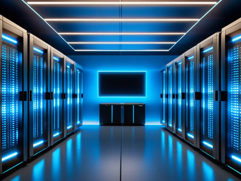 Centro de Datos Futurista: Eficiencia y Tecnología de Vanguardia Vista de un centro de datos futurista con servidores metálicos bañados en luz azul, resaltando la importancia de la latencia en el hosting