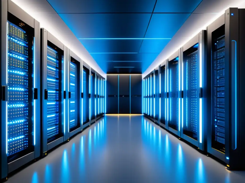 Centro de datos futurista: servidores avanzados en un ambiente de alta tecnología Vista detallada de un centro de datos futurista con servidores avanzados bañados en una suave luz azul LED, conectados por cables brillantes