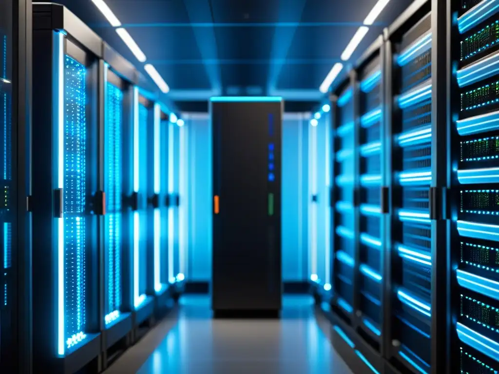 Centro de datos moderno: Eficiencia tecnológica en azul Vista detallada de un centro de datos moderno, con servidores organizados y una red de cables