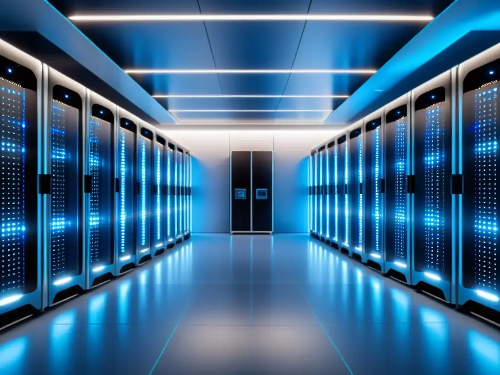 Centro de datos de alta tecnología: servidores en 8k Vista detallada en 8k de un moderno centro de datos con servidores organizados, iluminados en azul y blanco, reflejando fiabilidad y tecnología punta
