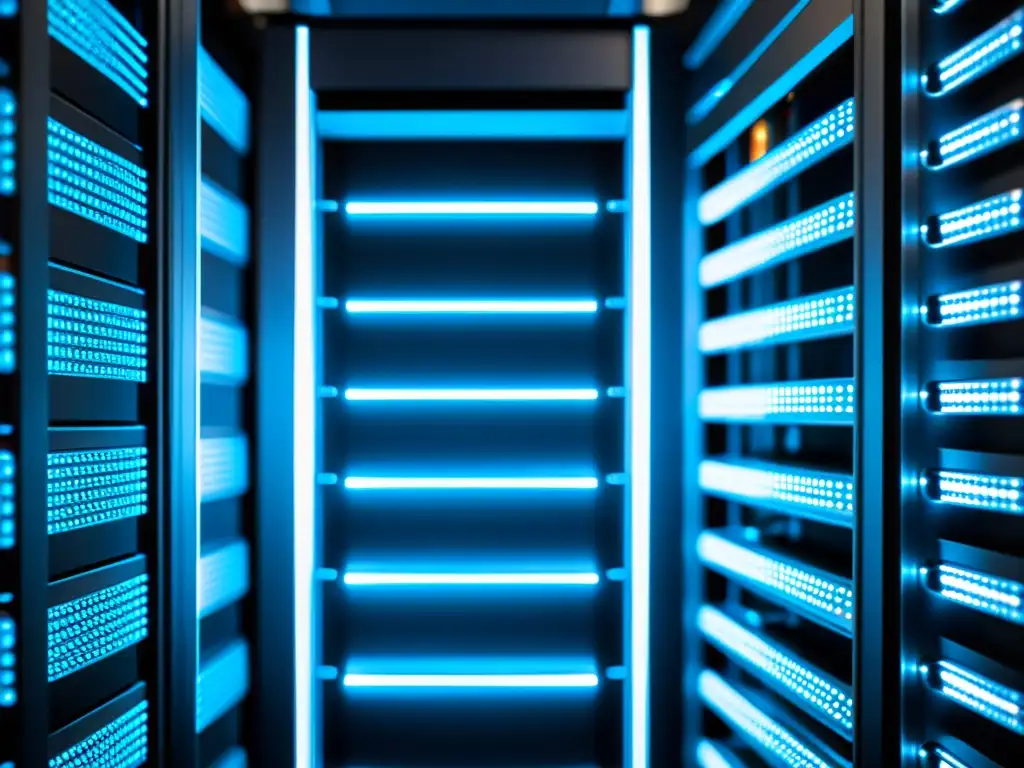 Centro de datos ultramoderno: servidores brillantes en un diseño futurista Vista detallada de un rack de servidores en un centro de datos moderno, con luces parpadeantes y cables formando un patrón hipnótico