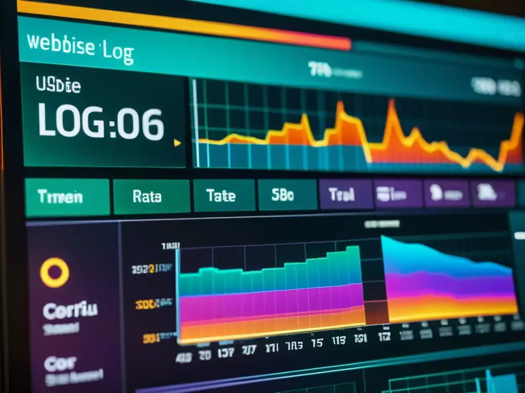 Análisis de datos del servidor: visualizaciones detalladas y futuristas Vista detallada de registro del servidor web con visualizaciones de datos coloridas y gráficos, transmitiendo tecnología avanzada y análisis de datos