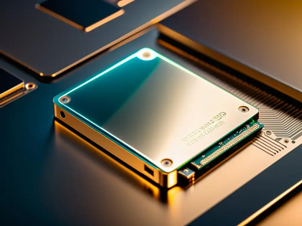 SSD interno: tecnología de vanguardia Vista detallada de un SSD interno de computadora, con circuitos y componentes metálicos, reflejos y sombras