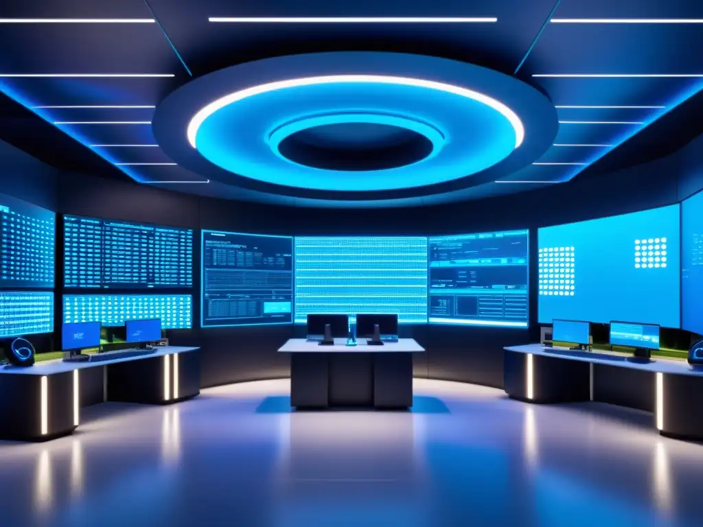 Data Center de Alta Tecnología con Seguridad Impenetrable para WordPress Vista futurista de un centro de datos ultramoderno con seguridad de vanguardia, iluminado en azul