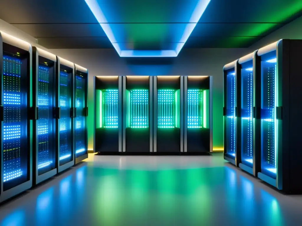 Centro de datos futurista: tecnología de vanguardia para edge computing Vista futurista de un centro de datos con servidores metálicos brillantes y luces azules y verdes, transmitiendo innovación y eficiencia en el alojamiento web con Edge Computing