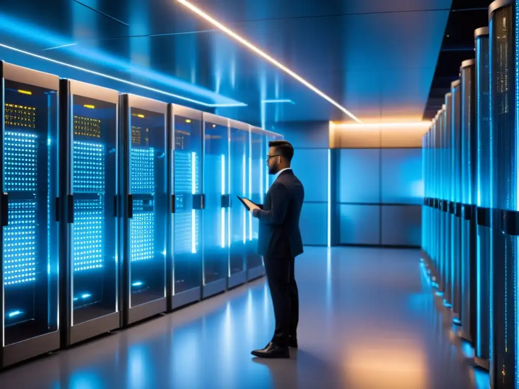 Vista futurista de un centro de datos con integración de la tecnología blockchain y beneficios del hosting en la era de la Blockchain