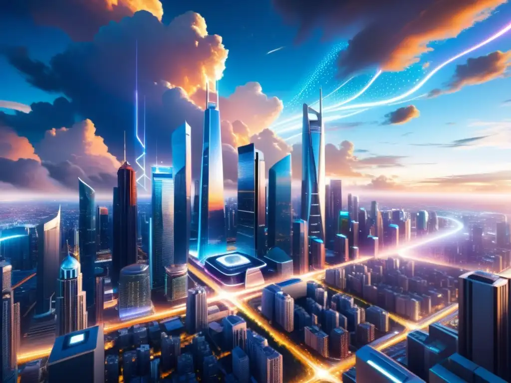 Metrópolis futurista: tecnología avanzada y nubes luminosas Vista futurista de la ciudad con rascacielos brillantes y nubes luminosas, destacando beneficios del hosting multicloud para startups