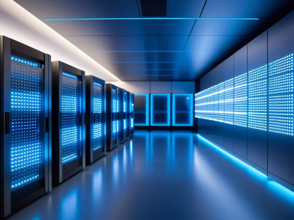 Sala de servidores futurista: tecnología avanzada y automatización Una vista futurista y detallada de un centro de servidores con tecnología de vanguardia