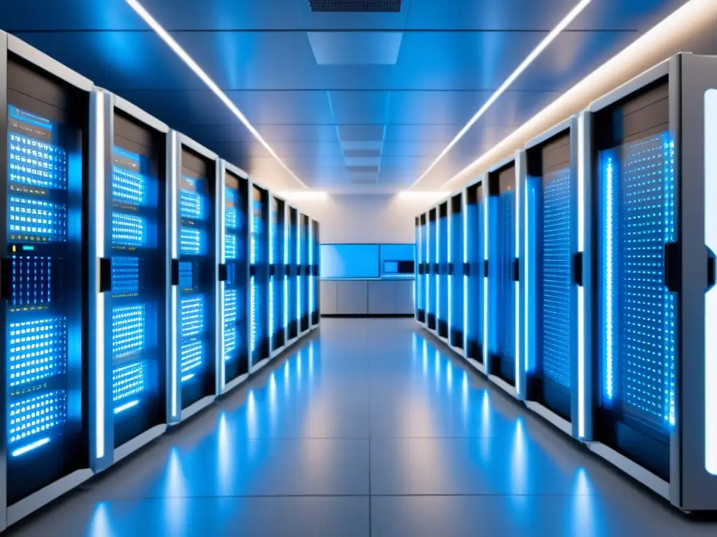 Sala de servidores futurista: tecnología innovadora y eficiencia Vista futurista de sala de servidores con diseño moderno y tecnología avanzada, reflejando orden e innovación