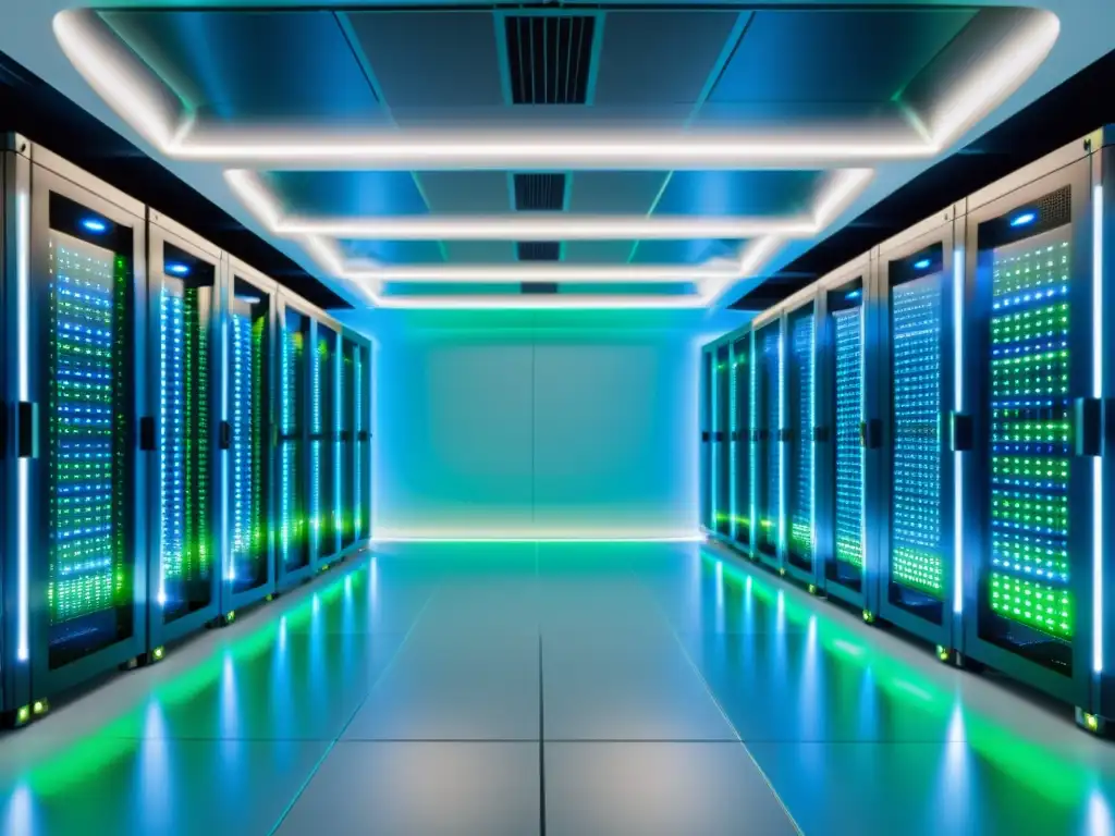 Centro de datos de vanguardia: servidores brillantes y ordenados Vista impresionante de un centro de datos moderno, con servidores ordenados y luces azules y verdes