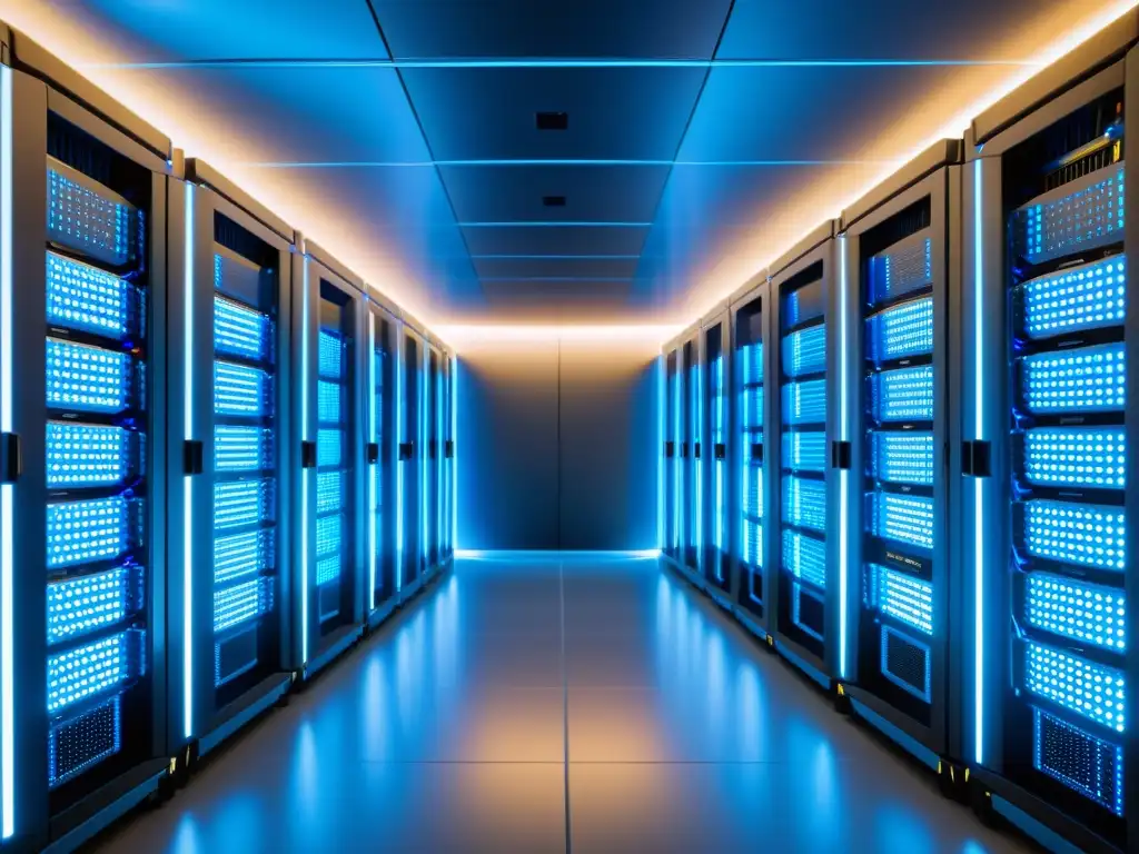 Vista impresionante de un centro de datos moderno y eficiente, con servidores ordenados e iluminación azul suave