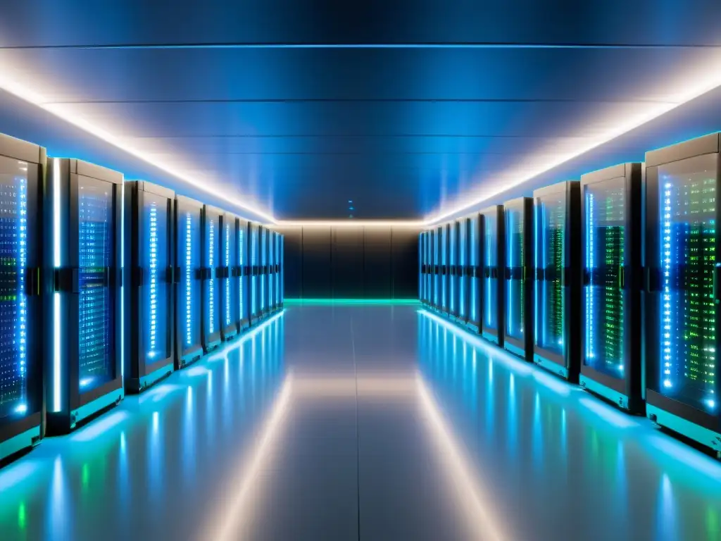 Centro de datos ultramoderno: servidores eficientes en un entorno futurista Vista panorámica de un centro de datos de vanguardia con servidores energéticamente eficientes, iluminados en tonos futuristas de LED azules y verdes