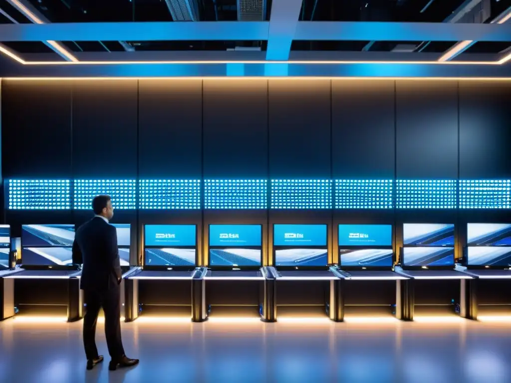Centro de datos de vanguardia: tecnología, eficiencia y profesionalismo Vista panorámica de un centro de datos de última generación con ingenieros analizando datos en pantallas grandes