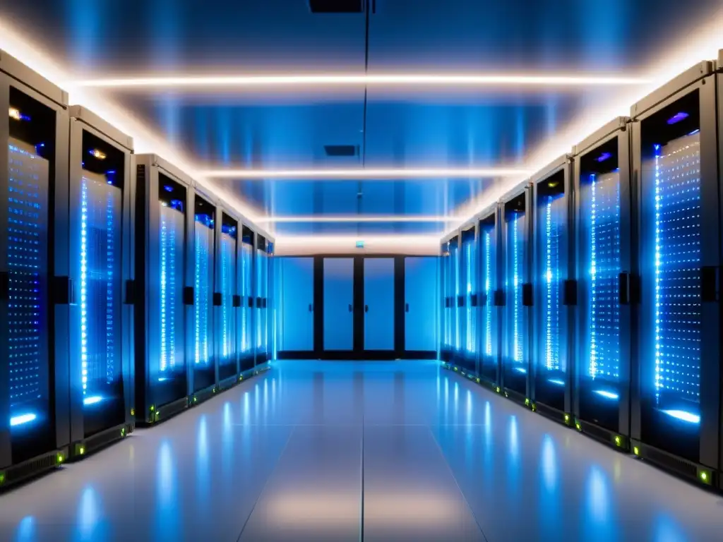 Centro de datos futurista: eficiencia y tecnología de vanguardia Vista panorámica de un centro de datos futurista con servidores relucientes bañados en luz azul LED