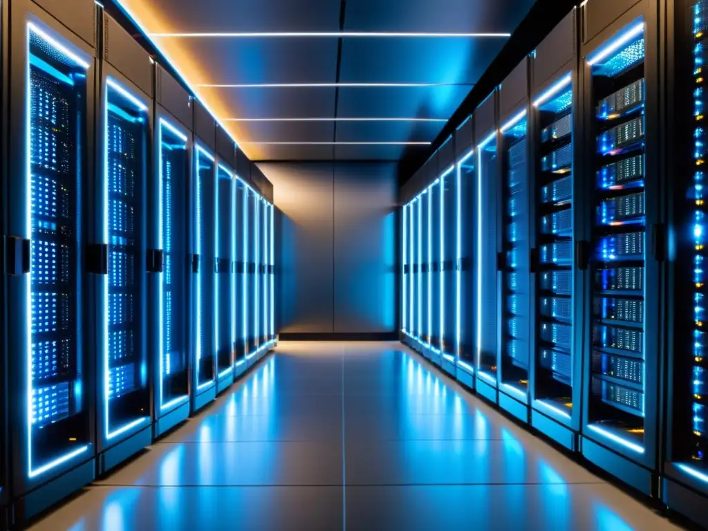 Centro de datos ultramoderno: filas de servidores iluminados por LED Vista panorámica de un centro de datos de última generación, con modernos racks de servidores iluminados por luces LED, que reflejan eficiencia y tecnología de vanguardia para la gestión eficiente de hosting multidominio