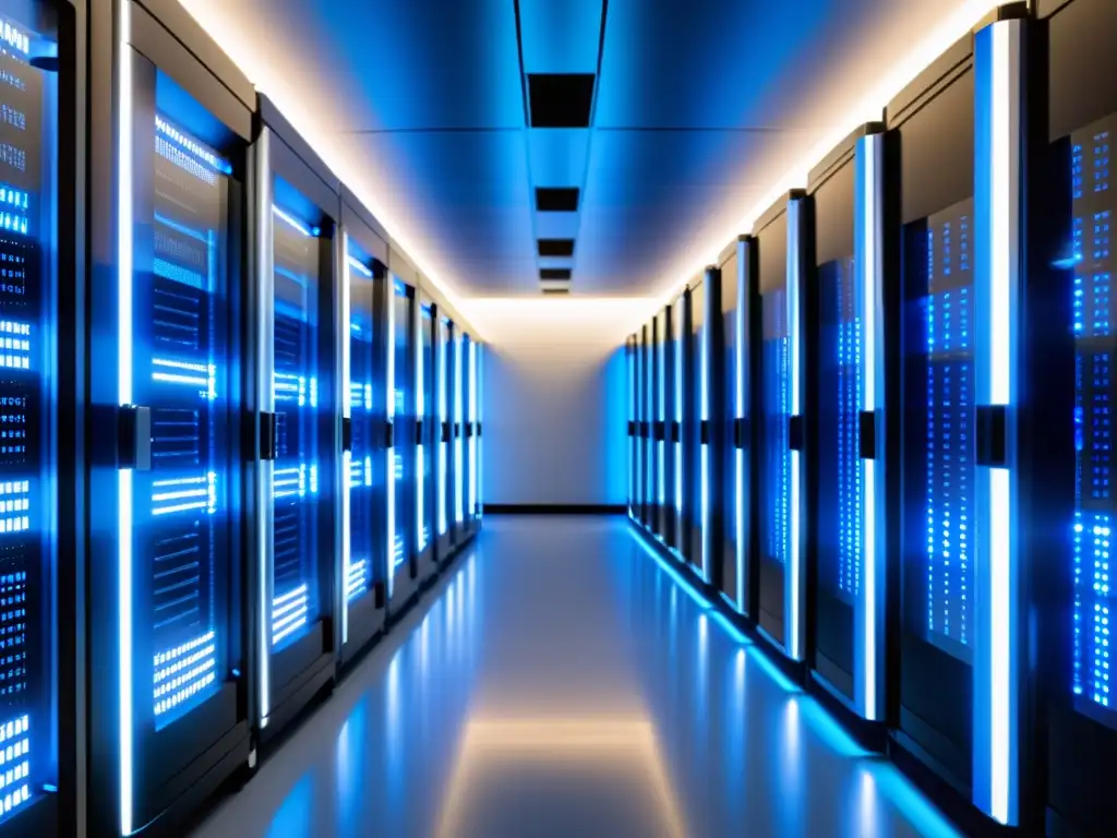 Centro de datos de última generación: Multicloud para startups Vista panorámica de un centro de datos de última generación, con servidores brillantes y tecnología futurista, transmitiendo seguridad y confiabilidad