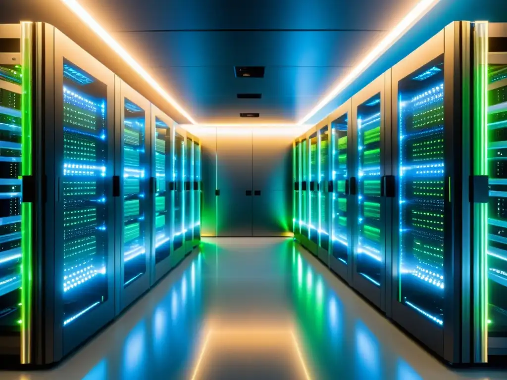 Vista panorámica de un centro de datos futurista con servidores interconectados por cables brillantes