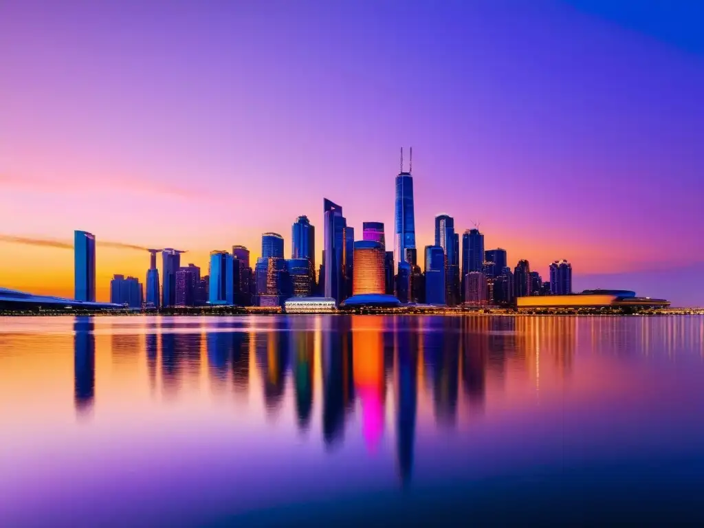 Horizonte urbano futurista al atardecer: imponente y sereno Vista panorámica de una ciudad moderna y bulliciosa al atardecer, con rascacielos iluminados por el cálido resplandor del sol poniente