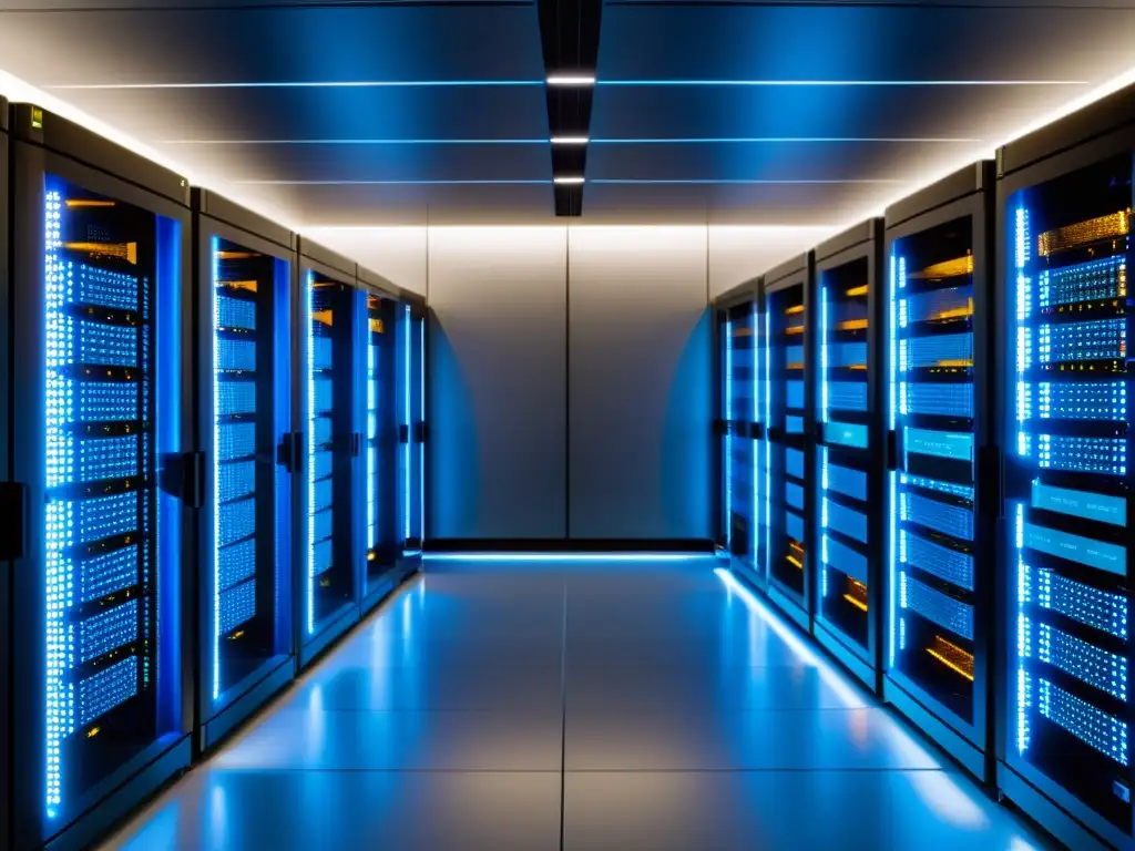Centro de datos de alta tecnología: servidores de última generación en un entorno futurista Vista panorámica de un moderno centro de datos con servidores de última generación, iluminados con luces LED futuristas