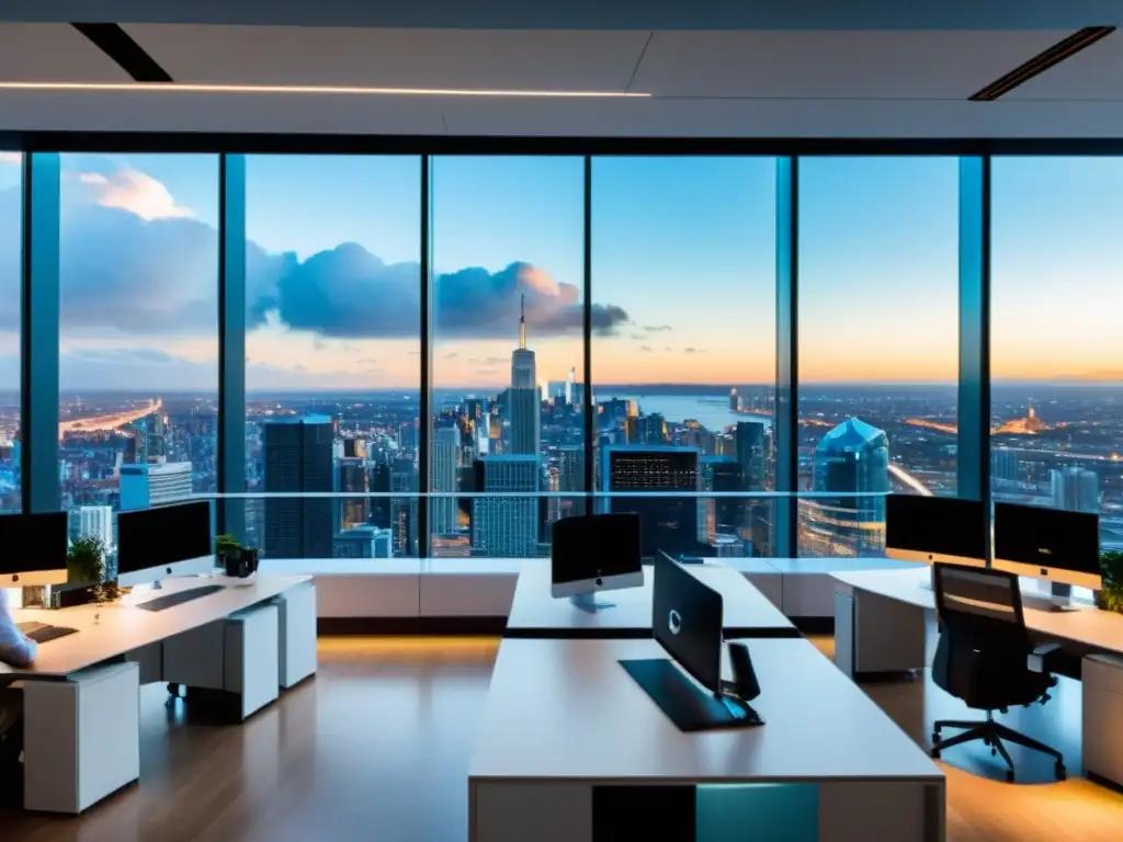 Innovación tecnológica en oficina futurista con vista panorámica Vista panorámica de una oficina futurista con servidores en un entorno tecnológico, con el equipo de trabajo y una vista de la ciudad