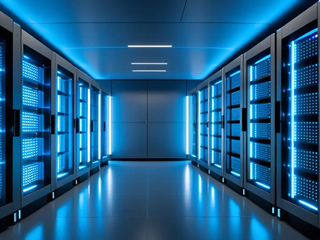 Sala de servidores de alta tecnología: eficiencia y fiabilidad Vista panorámica de una sala de servidores minimalista y futurista, con racks ordenados y una iluminación LED azul suave
