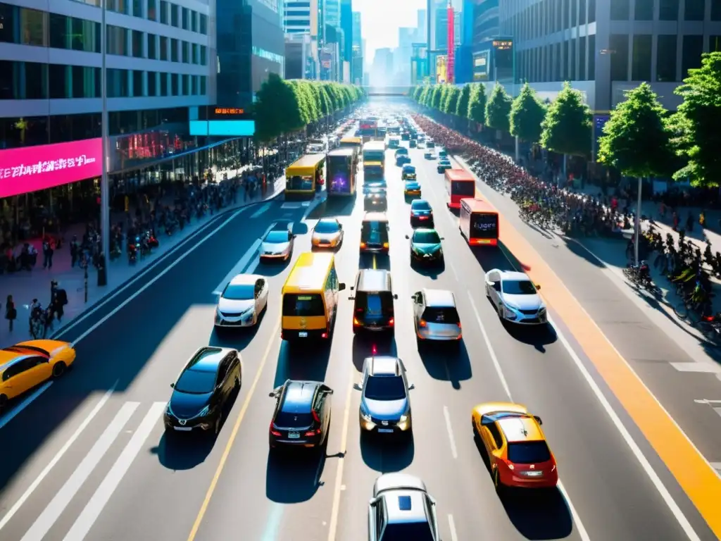 Caos urbano: vehículos, luces y rascacielos en una ciudad vibrante Vista vibrante de la ciudad con tráfico y tecnología moderna