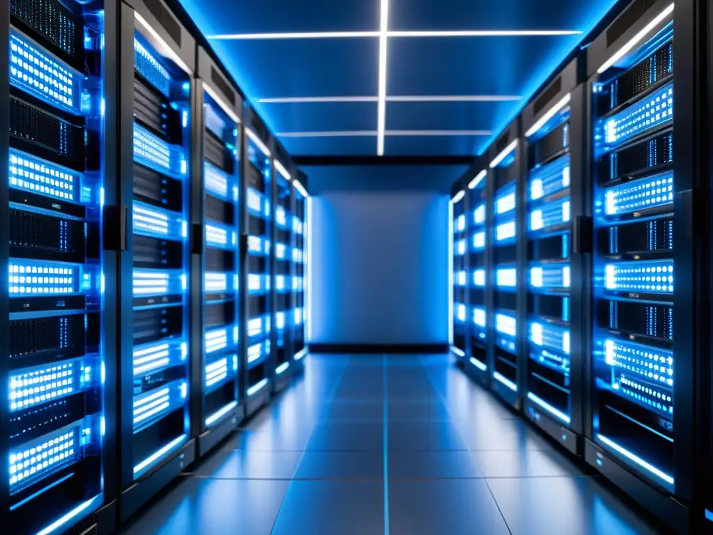 Sala de servidores: luces parpadeantes y precisión tecnológica Un vistazo detallado a una sala de servidores, con luces parpadeantes y cables enredados